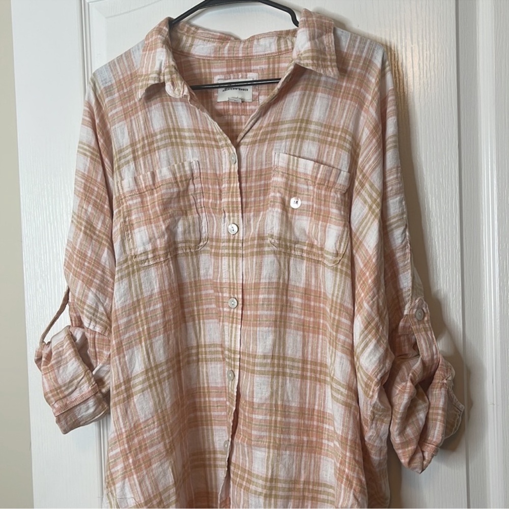 American Eagle Oversized Plaid Button Down Linen Blend Medium - Picture 4 of 14